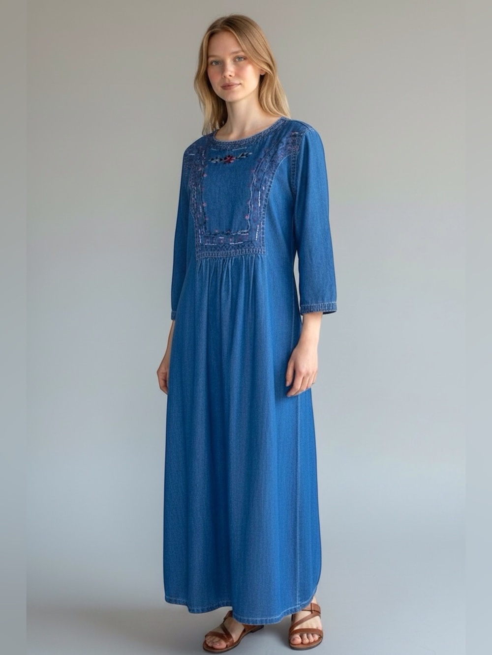 Vintage Chambray Maxi Dress Floral Embroidery Size M